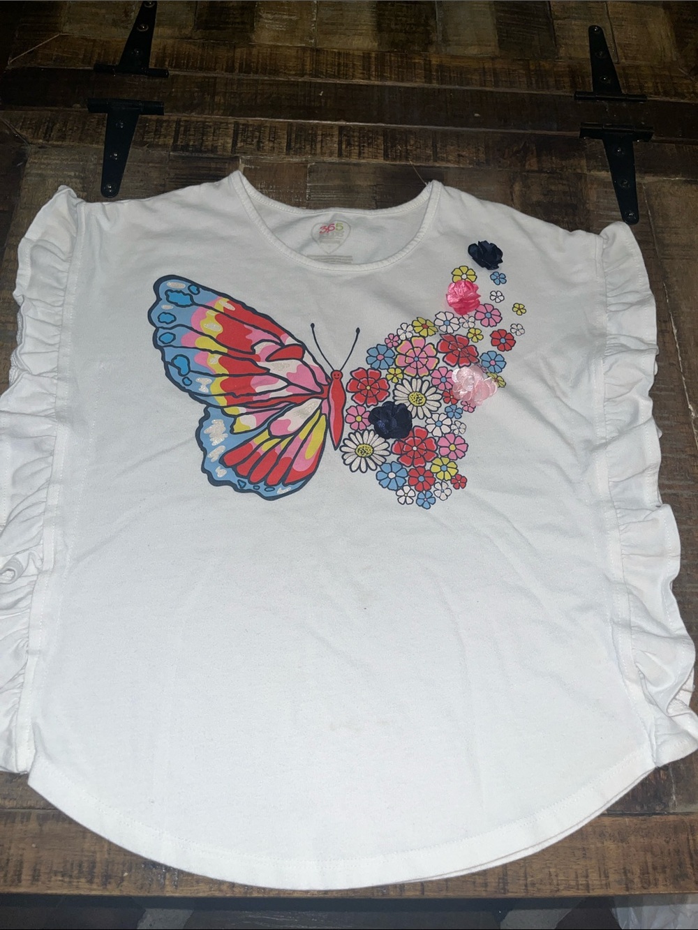 Girls' White Butterfly & Floral Ruffle Sleeve Tee